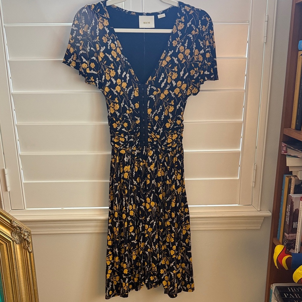 Maeve Anthropologie Black and Yellow Floral Midi Dress